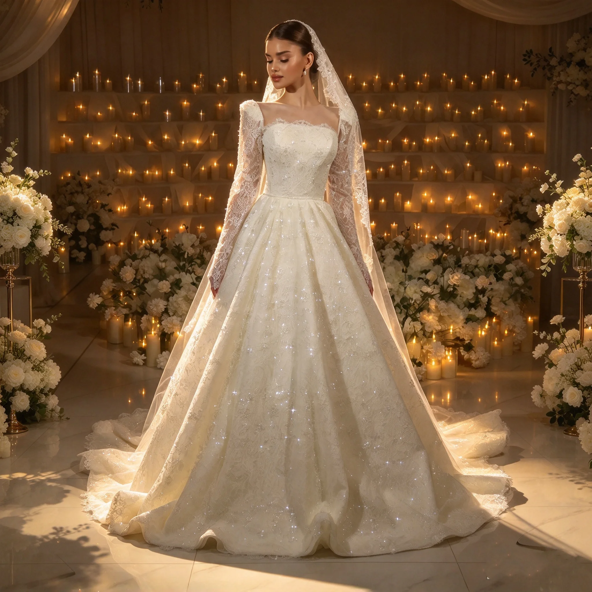 Luxury Square Collar Phantom Long Sleeve Princess Wedding Dress Sparkling Tulle Bride Dress A-line Lace Ball Dress Customization