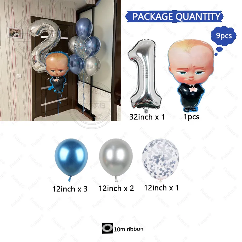 9pcs Baby Boss 2 Silver Aluminum Balloon Numbers 1-9th Boy Birthday Gift Birthday Party Decoration Baby Shower Toy Supplies