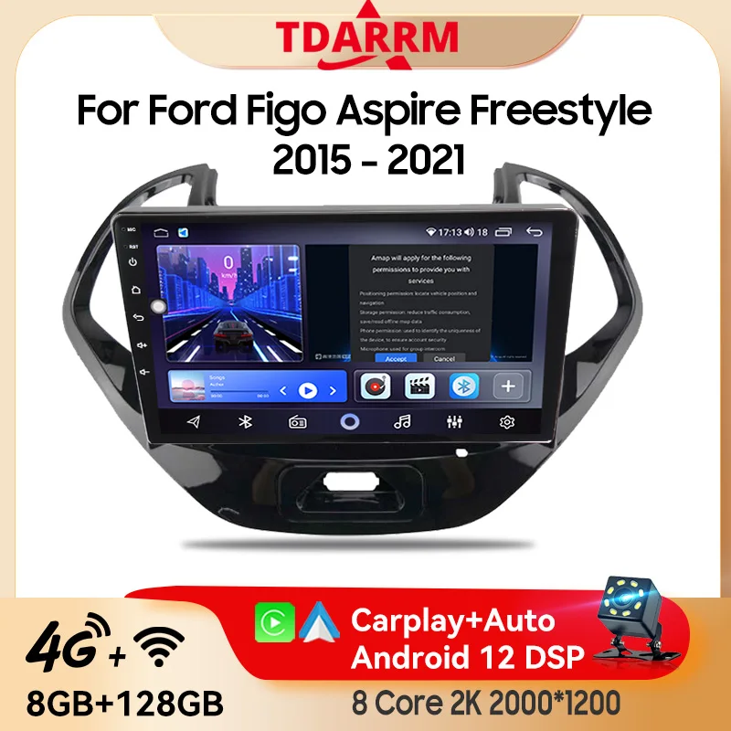 2Din Car Autoradio Multimedia Carplay Android12 For Ford Figo Aspire Freestyle 2015-2021 4G Wireless Navigation GPS Stero Player