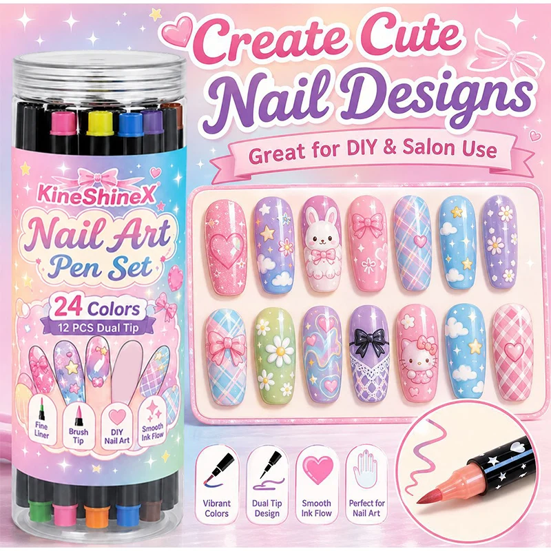 12pcs Double Nail Painting Pen 24-color Acrylic Colorful Marker Nail Graffiti Pen DIY Quick-drying Smooth Manicure Decor Tool