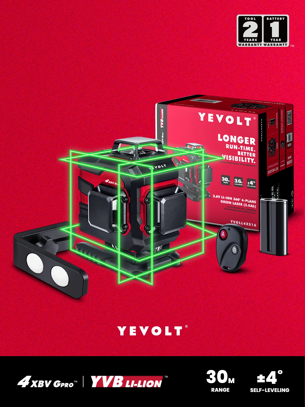 

YEVOLT YVGLL4XS16-L 16 Lines 4-Plane Green Beam Laser Level with 360°Magnetic Holder Self-leveling High Precision Nivel Tools