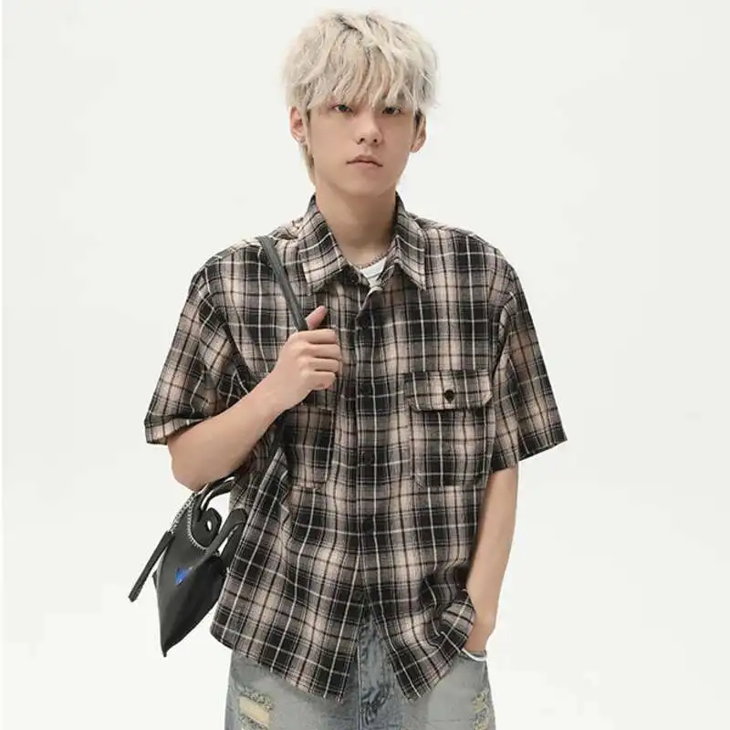 

New 2025 Summer Men's Shirts Plaid Design Short Sleeved Turn-down Collar Casual Menswear Single Breasted Loose Male Tops