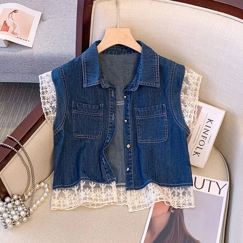 

Lace Patchwork Denim Vest for Women 2025 Summer O-Neck Thin Jean Coat Single Breasted Female Casual Waistcoat