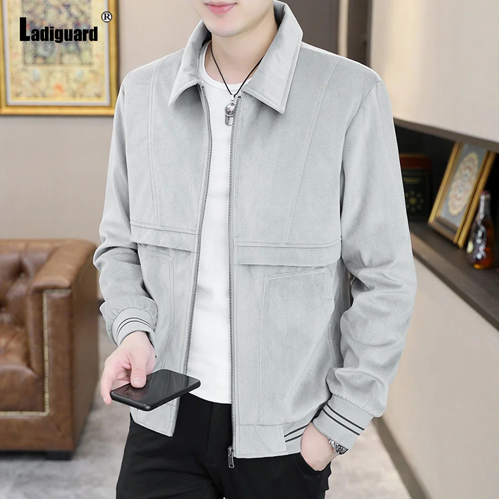 Ladiguard 2023 Men's Corduroy Jacket Men Fashion Zipper Pockets retro Coats Lepal Collar Tops Outerwear Korean Style Jackets