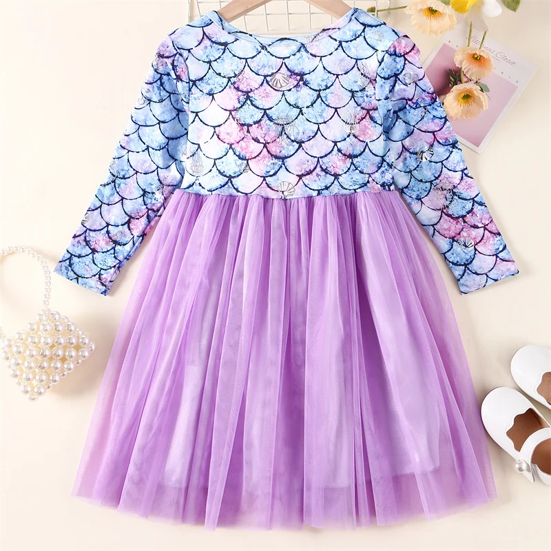 Girls Long Sleeved Mermaid Dress Children Princess Tutu Dress Summer Prom Dresses Kids Birthday Party Casual Clothes