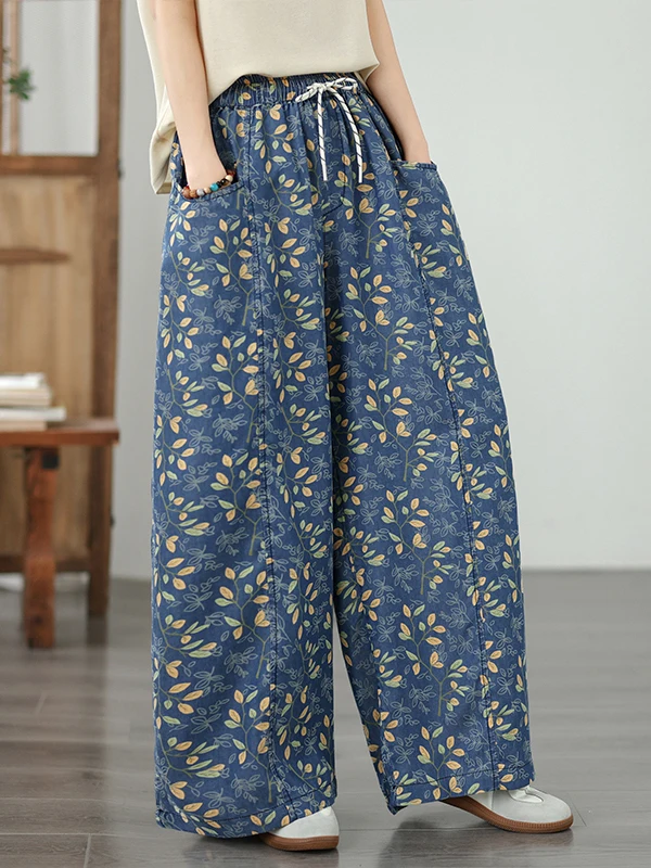 Retro Print Wide Leg Jeans Women's Summer Elastic Loose Slimming Casual Straight Cut Pants High Waist Elastic Fabric Other Ma...