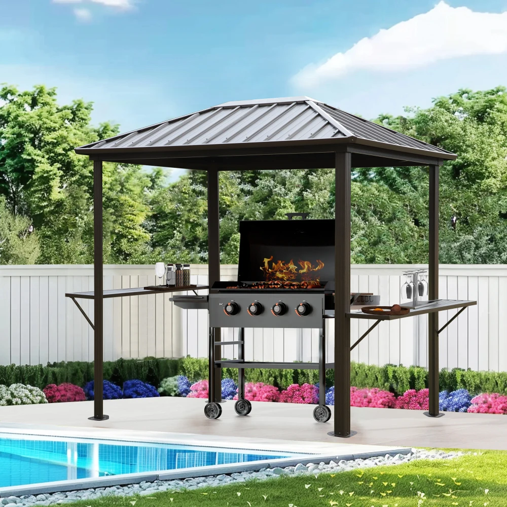 

6x8FT Hardtop Grill Gazebo, Galvanized Steel Single Roof, Aluminum Frame, Outdoor BBQ Canopy with Shelves, Patio Pavilion