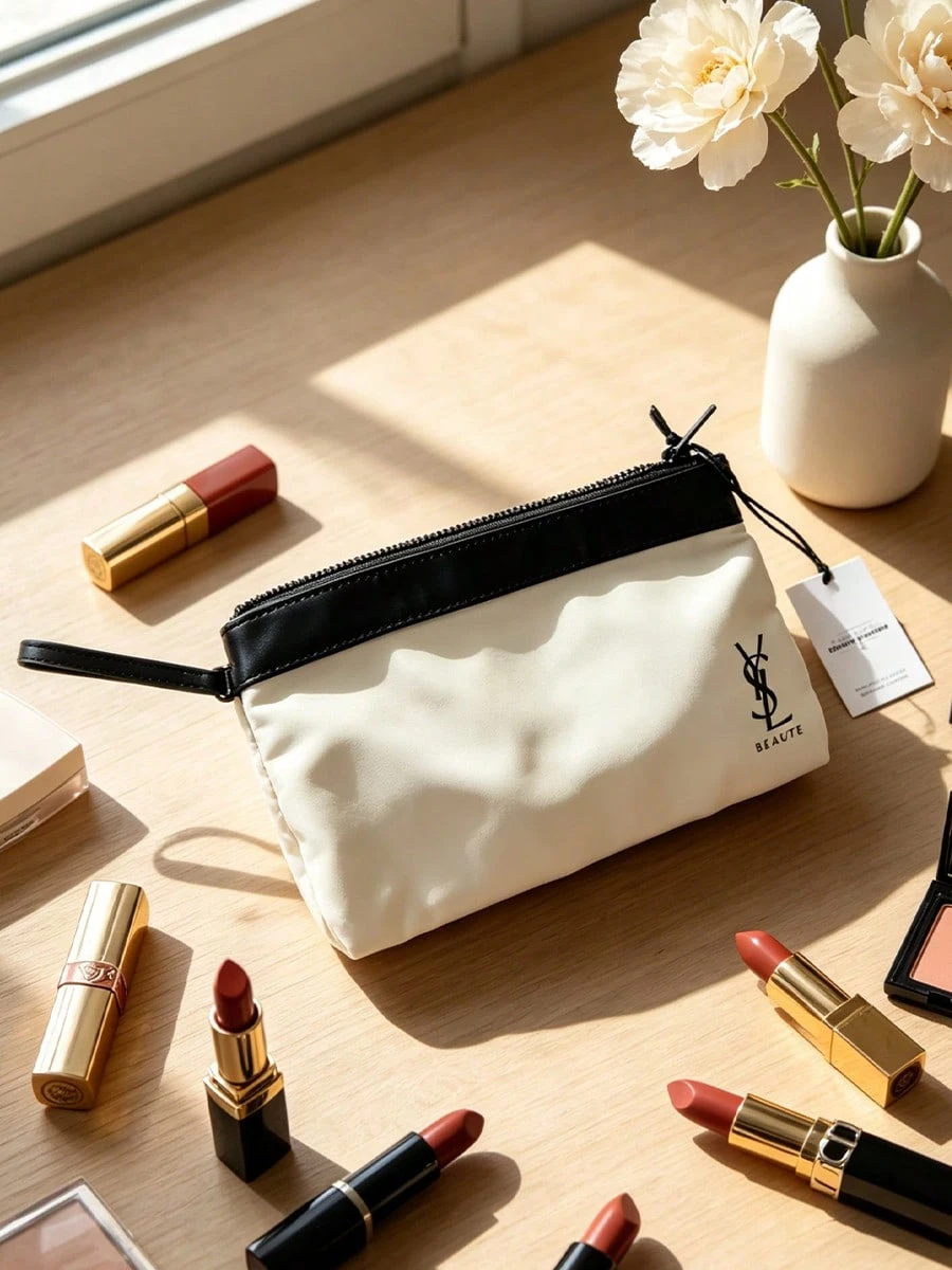 YSL Black White Makeup Bag Zipper Storage Pouch Multifunctional Portable Pencil Case Simple Daily Work Travel School Necessities