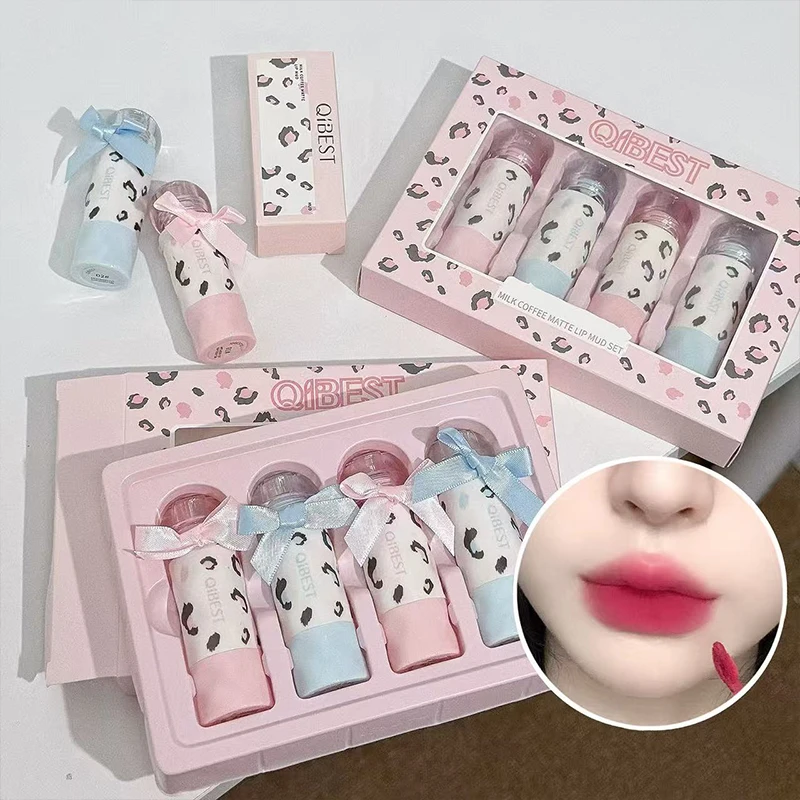 

QIBEST 4 Colors Lipgloss Sets Lasting Waterproof Velvet Matte Lip Mud Red Brown Liquid Lipstick Nourishing Lip Stain Cosmetics