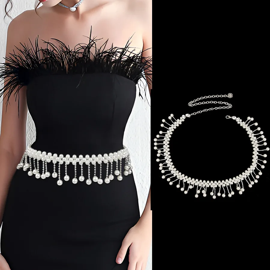 Handmade RHinestone Pearls Tassel Waist Chain for Women Belly Chain Adjustable Women Summer Dress Plastic Pearls Waist Belts