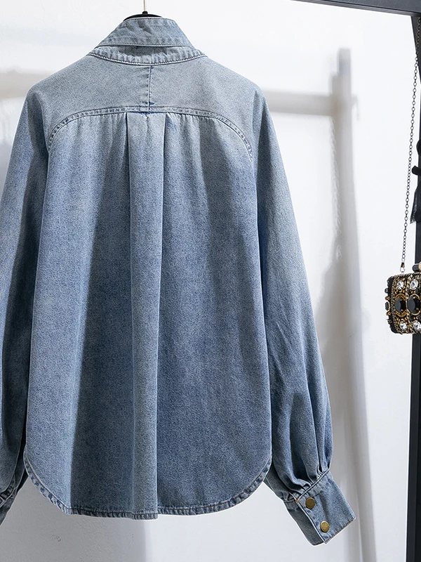 Luźna kurtka jeansowa damska typu lantern, z kołnierzem stójką, dżinsowa odzież wierzchnia, jesienna długa kurtka plus size.