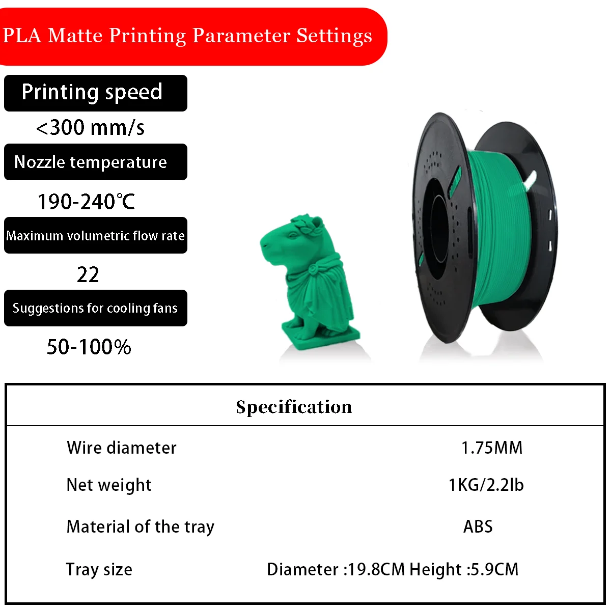 

PLA Matte Pine Green 3D printing consumables, ABS material, cost-effective, roller design, continuous printing