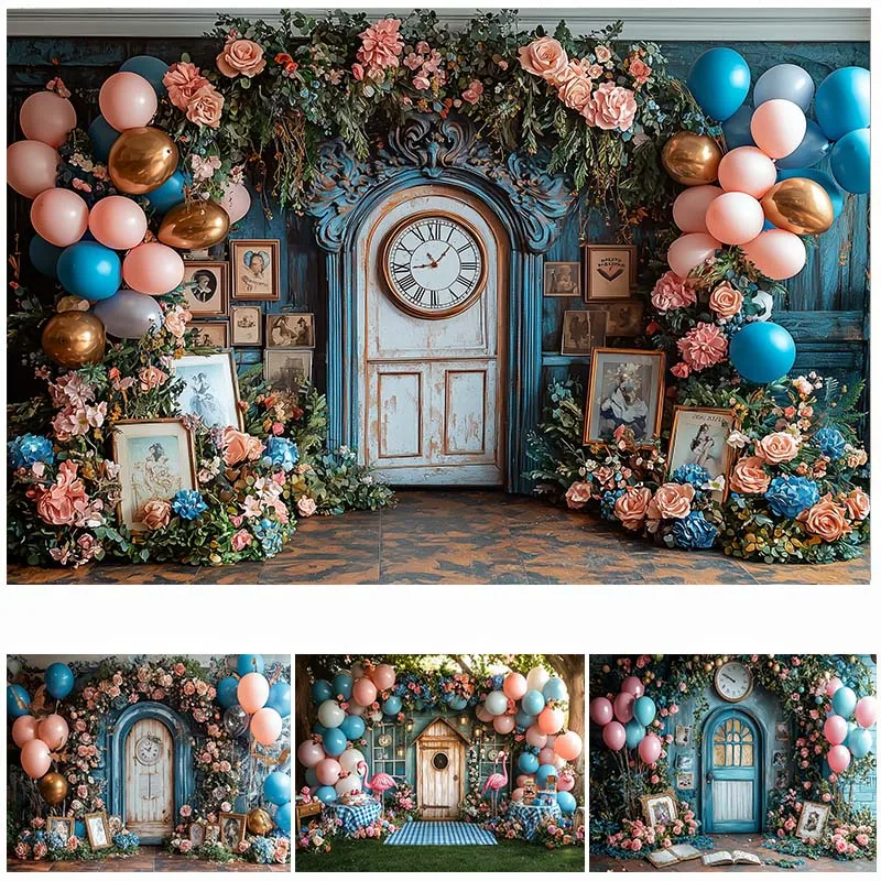 

Photography Background Arch Wooden Door Balloons Floral Decorations Cake Smash Birthday Girl Kids Portrait Photo Backdrop Studio