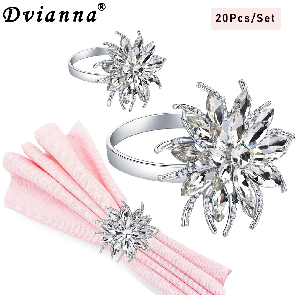 

20Pcs Silver Lotus Napkin Rings Rhinestone Flower Napkin Ring Floral Serviette Buckles Holder for Wedding Baby Shower Party Deco