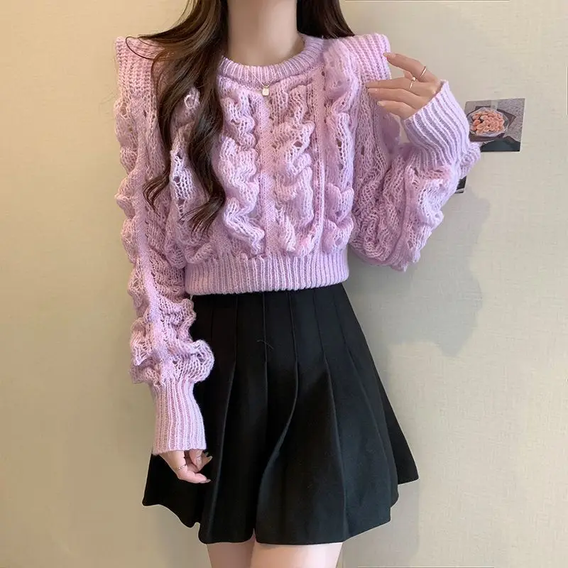 Loose Hollow Out Sweaters Women Simple Cropped Chic Leisure Korean Style Fashion Cozy Streetwear All-match Gentle Knitwear Y2k