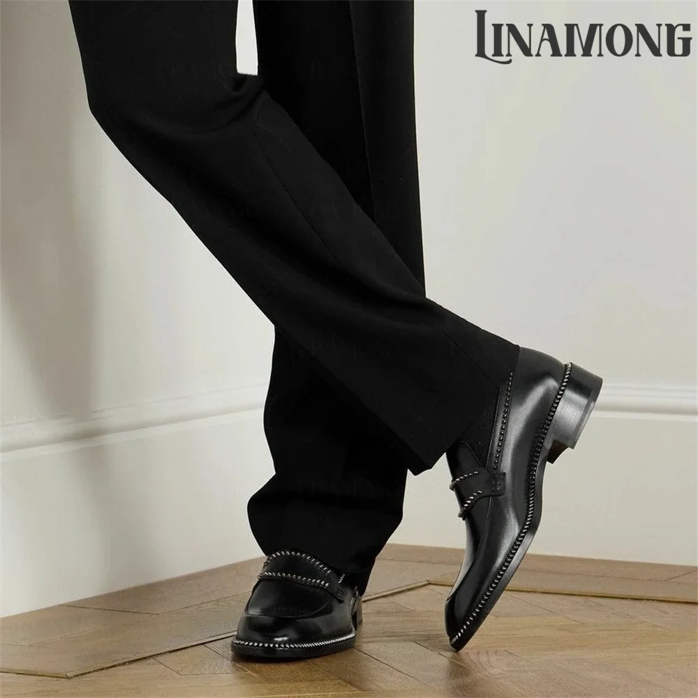Black Spike Loafers Almond Toe Silver-Tone Studs Leather Shoes Designer Style Handmade Shoes for Men Almond Toe Slip-On Loafers view 6