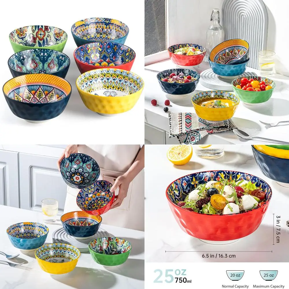 

ceramic cereal, soup bowls set of 6-25 oz porcelain serving bowls for dinner, pasta, salad, oatmeal, microwave & dishware safe