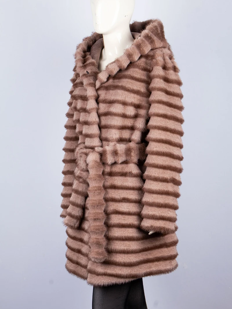 ZADORIN High Quality Winter Chinchilla Faux Fur Hooded Jacket Woman Elegant Belted Long Faux Mink Fur Coat Clothes For Woman Top