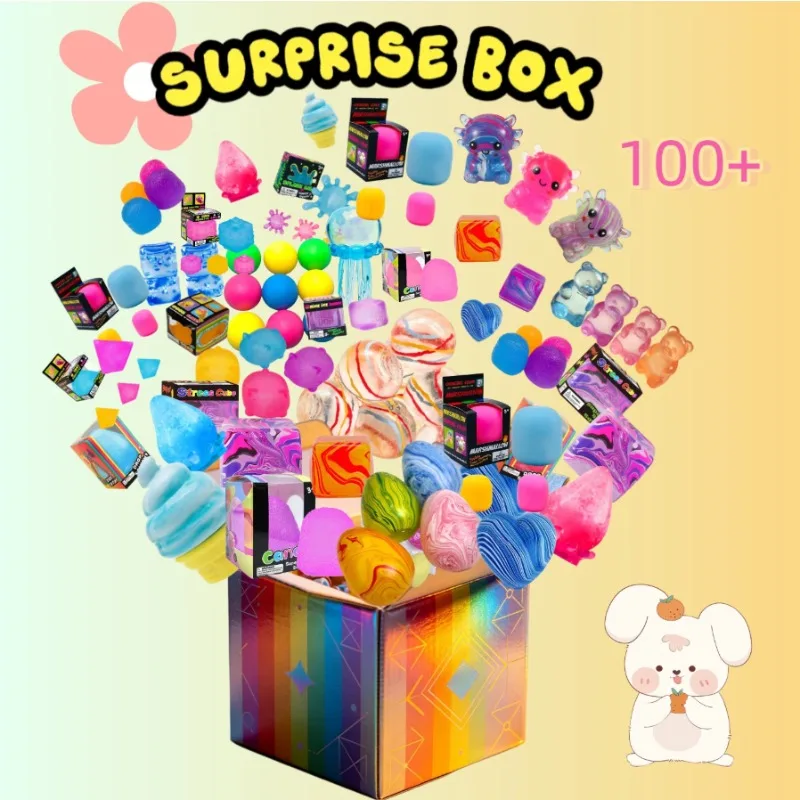 

100+Pcs Surprise Box Toys, Novelty Stress Relief Toys, Assorted Squishy Figures Blind Box. Includes Giant Yellow Gorilla, Moai Head, Panda, Rabbit, Duck, Jellyfish, And Axolotl Designs.You will receive one fun Mystery Toys, Fidget Toys For Stress Relief