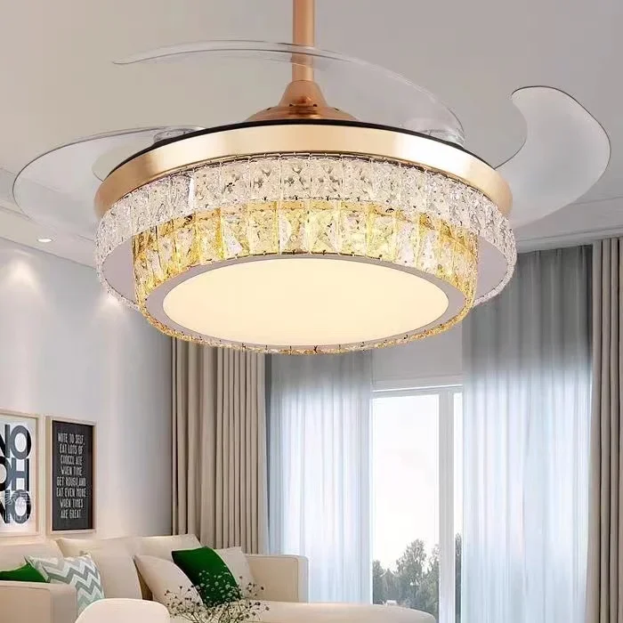 42" Gold Luxury Crystal Ceiling Fans With Light Decorative DC 110V 220V Fan Lamp Remote Control Hanging Crystal Lighting