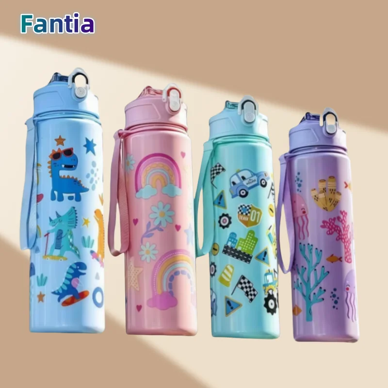 

750ml Dinosaur Water Bottle For Kids Water Sippy Cup With Silicone Straw Leakproof Plastic Water Bottles Summer Kids Water Cup