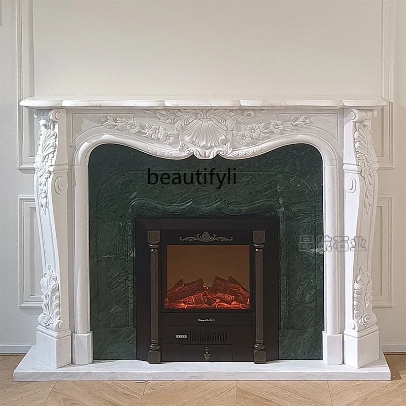 

FG28Marble fireplace stone carving French living room background wall decorative cabinet white marble fireplace