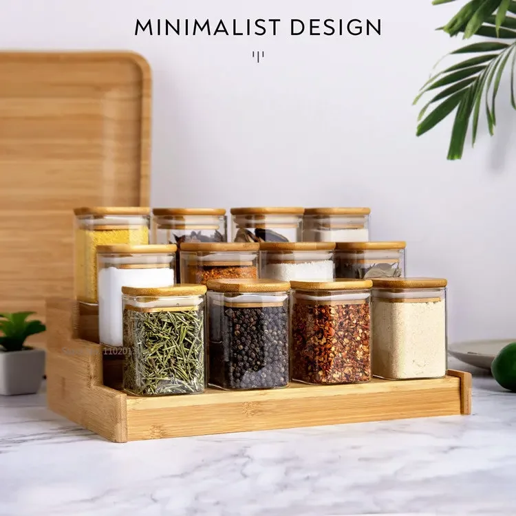 1/2/4/6PC Transparent Square Glass Jar with Bamboo Lid Sealed Canister Food Bottles Container Storage Tea Coffee Beans Wood Lid