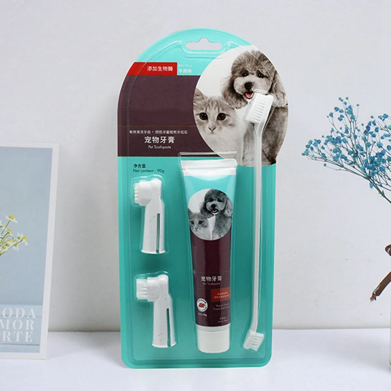 Pet Dental Care Fresh Breath Kit for Dogs Cats Vanilla Beef Flavor Toothpaste Finger Tooth Brush Dog Plaque Removal Kit