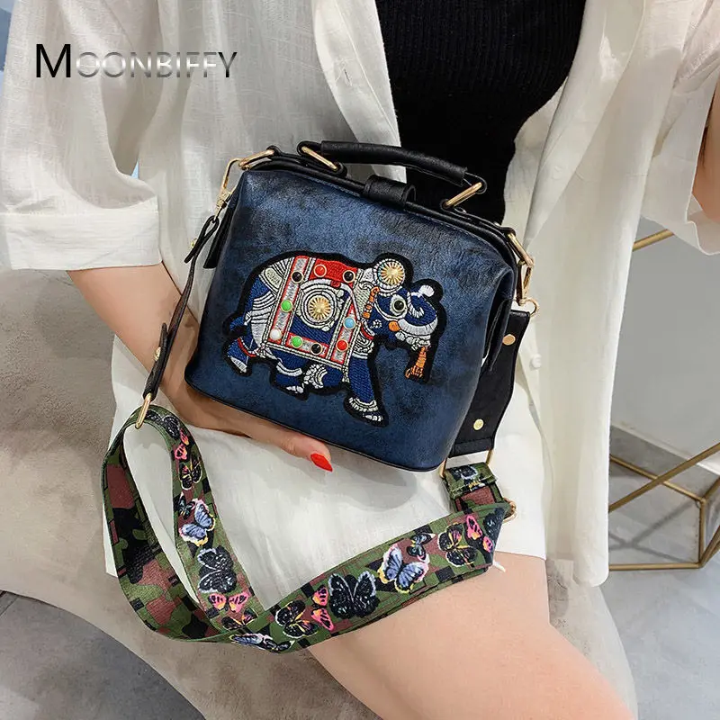 Vintage Embroidery Elephant Bag Bags Wide Butterfly Strap PU Leather Women Shoulder Crossbody Bag Tote Women\'s Handbags Purses