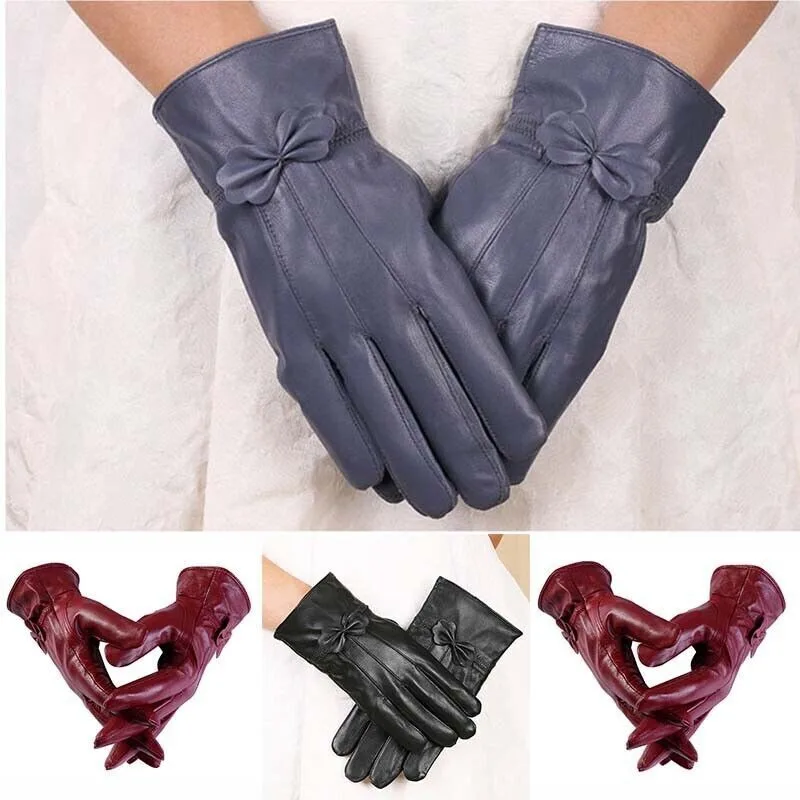 Ladies Sheepskin Gloves, Bow Decoration, Warm Plush Velvet Lining, Genuine Leather Glove, Outdoor Protection, Winter Fashion