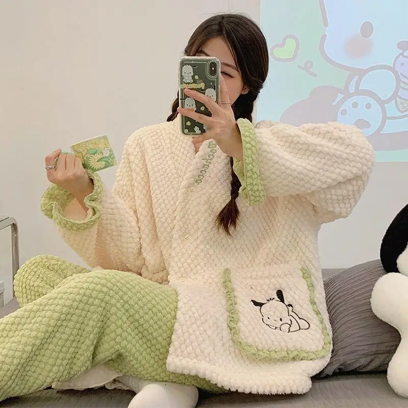 

Sanrio Hello Kitty women's Pajamas Set Sleepwear Home Loungewear Warm Cozy Thick Fleece Cartoon Style New Autumn Winter Outfit