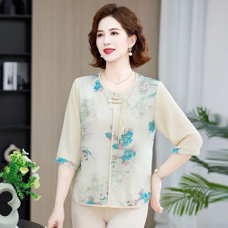 

Women's New Splicing Pullover Round Neck Print Fashionable Loose Versatile Casual Short-sleeved Top