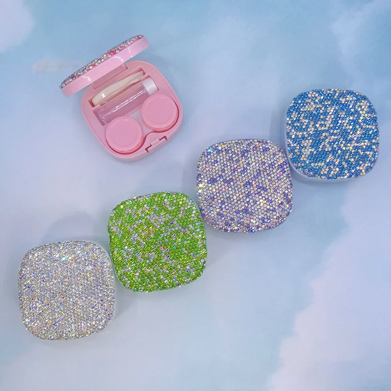 Sparkling Rhinestone Contact Lens Case Mini Cosmetic Contact Lenses Case Portable Travel Contact Lens Storage Box With Mirror