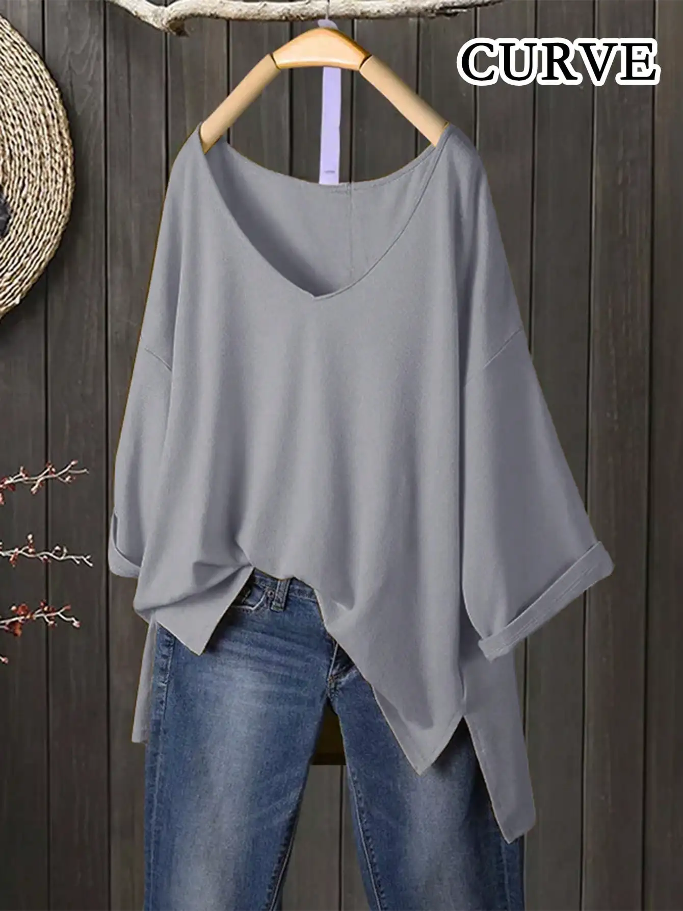 

Plus Size 1XL-5XL Women Fashion Solid Color Long Sleeved T-shirt Ladies Fashion 3/4 Sleeve V-neck Split Loose T-shirt