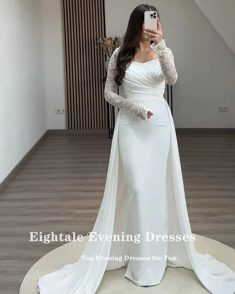 Eightale Arabic Evening Dress for Wedding Party Long Sleeves V-Neck Ivory Stretchy Satin Mermaid Customized Beaded Prom Gown