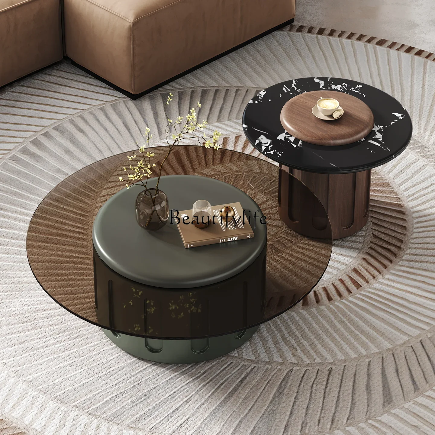 

ld14 Minimalist Technology Stone Large and Small Round Coffee Table Set Living Room New Tempered Glass Coffee Table