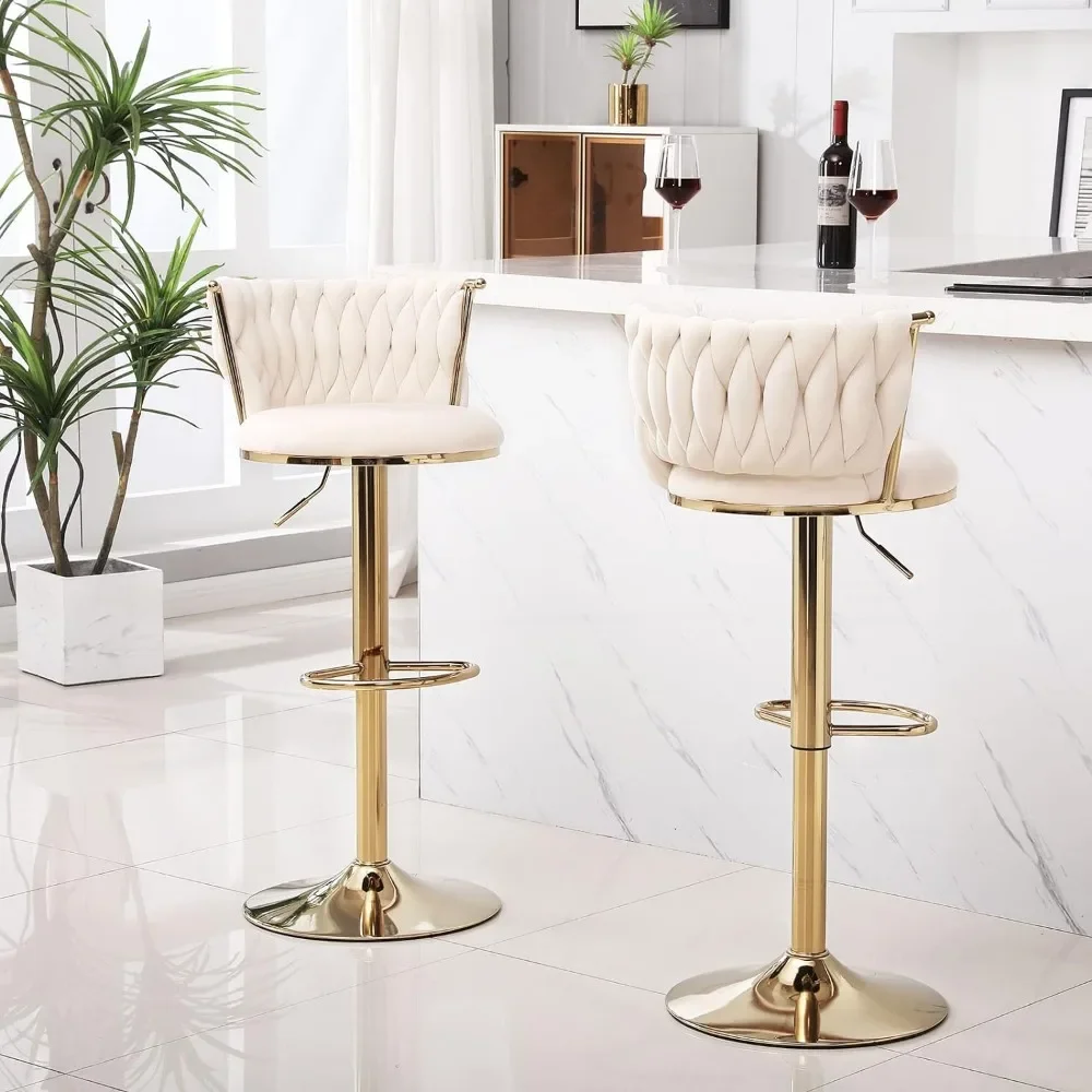 Stools Set of 2,360° Swivel Woven Modern Gold Bar Stools,Adjustable Height Barstools with Backs Gold Metal