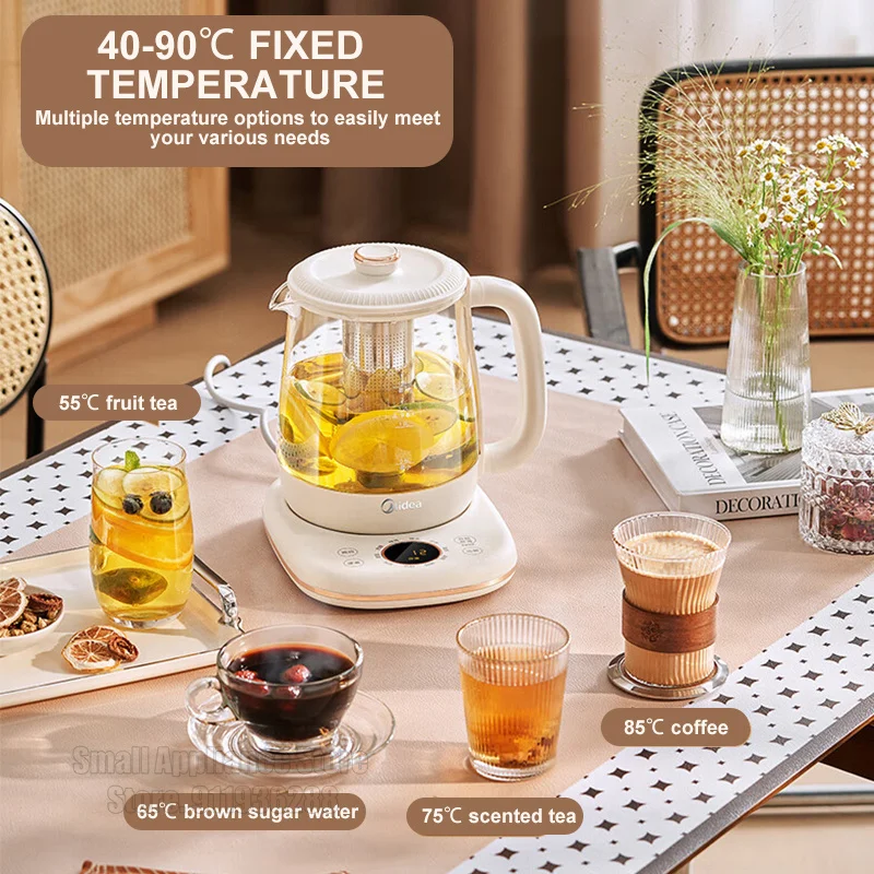 Midea 1.5L กาน้ำชาดอกไม้อเนกประสงค์แบบ teko listrik, หม้อถ้วยชงชาเพื่อสุขภาพในสำนักงานกาต้มน้ำร้อนปรับได้ไฟ220V