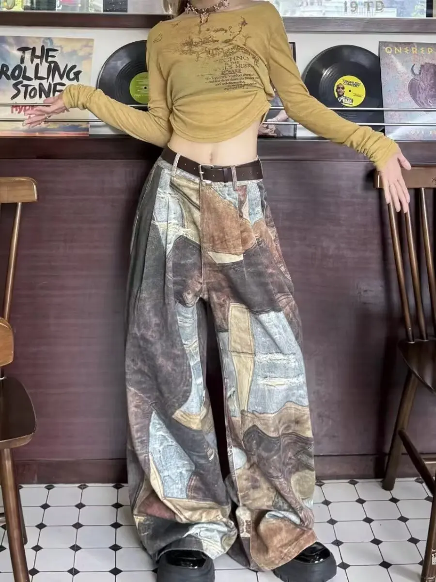 

Y2K модные женские джинсовые брюки с 3D принтом, свободные широкие брюки для бега, уличная одежда 2025, повседневные спортивные штаны в стиле активный хип-хоп, брюки