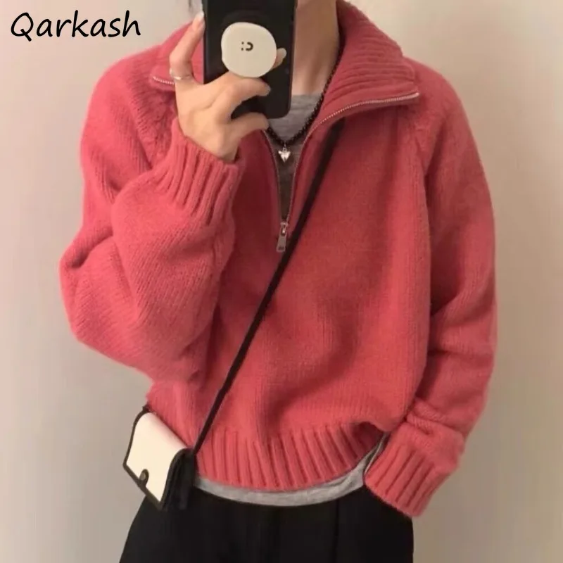 

Turn-down Collar Pullovers for Women Long Sleeve Knitted Minimalist Casual Solid Autumn Winter Korean Style Ins Ulzzang Girls