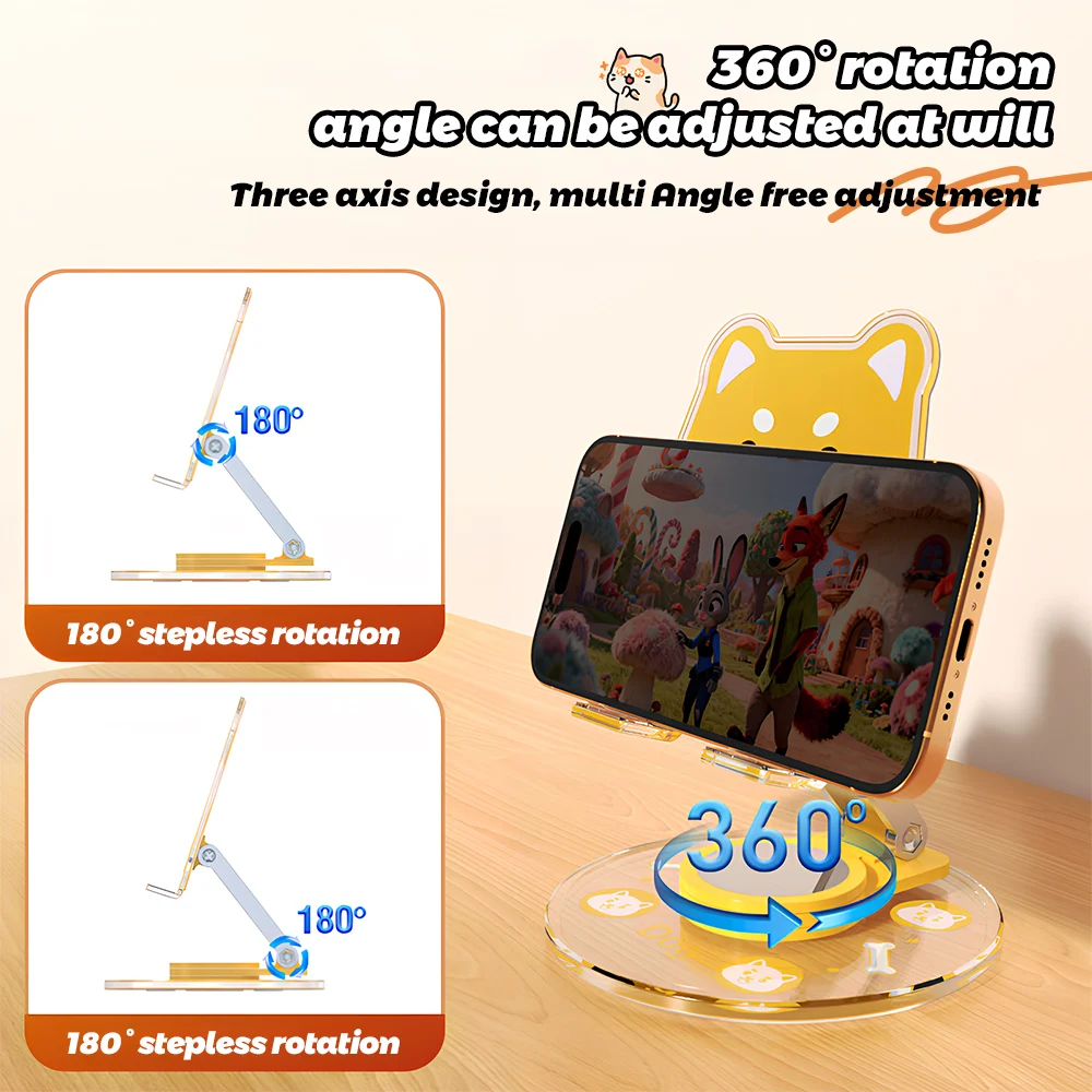 Cute Animal Phone Stand 360 Rotatable Foldable Desktop Holder Smartphone Table Kickstand Acrylic Cartoon Desk Phone Mount New view 3