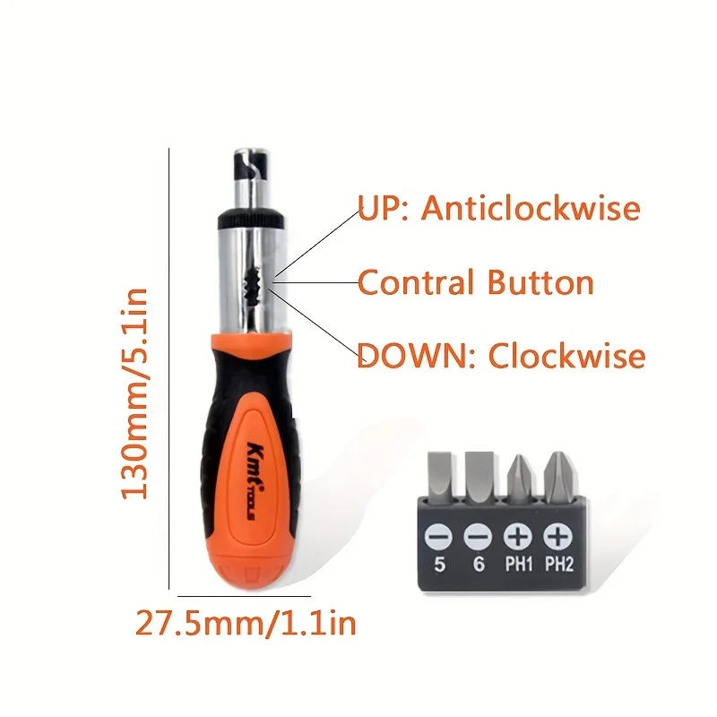 KMT Tools,1 Set 5 In 1 Screwdriver Bit Set With Ratchet,Including 4pcs 25mm CRV Bits,Repair Kit For Daily Use