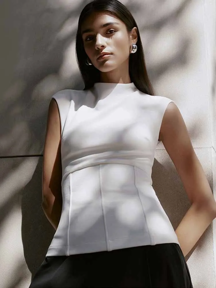 

BKQU Fashion Summer T-shirt Women Pullovers Elegant Solid O-Neck Sleeveless Slim Commute Clothes Female Casual Street Tee Shirt