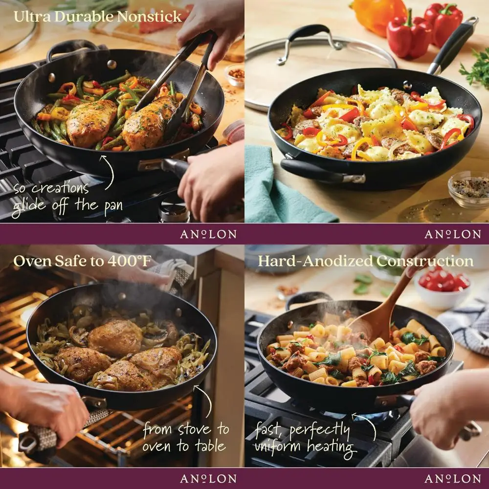 

12 Inch Deep Frying Pan with Lid, Home Hard Anodized Nonstick Skillet, Onyx Color, Advanced Cooking Surface