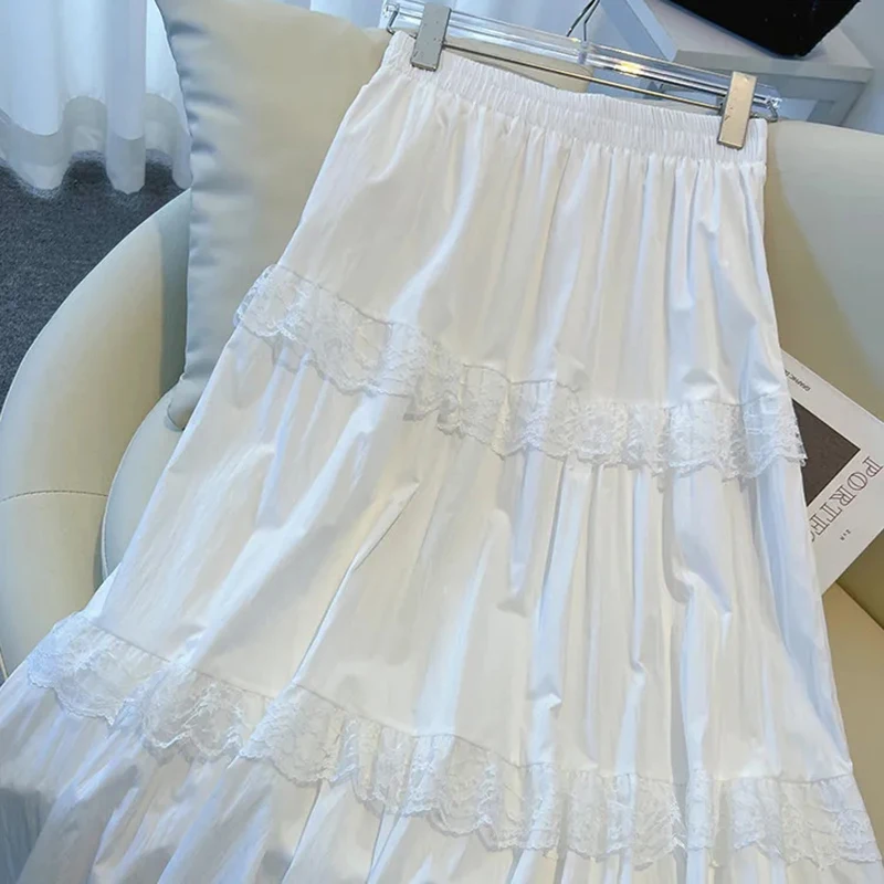 Renda retalhos branco midi saias para mulheres y2k solto elástico de cintura alta feminino babados uma linha saias coreano elegante saia mujer