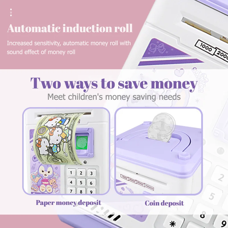 Sanrio Hello Kitty Kawaii Cartoon Fingerprint Piggy Bank Automatic Cash Roll Atm Safe Creative Gift Electric Girl Boy Toy Gift