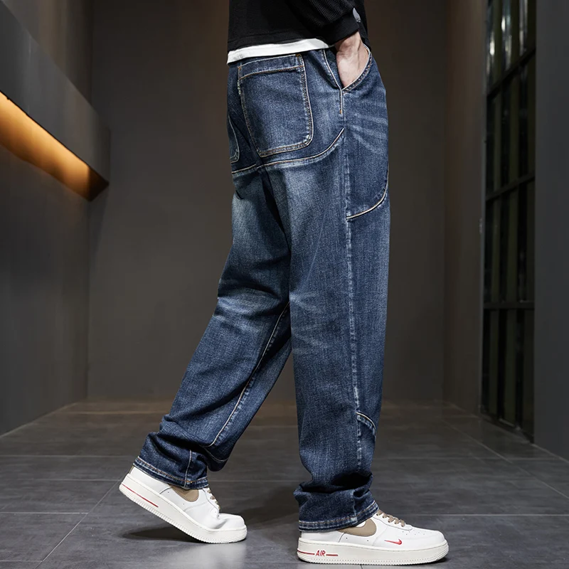 

Loose Fit Men's Denim Jeans Autumn Winter plus Size Patchwork Elastic Casual Long Trousers Busin Casual Sle Cotton Stret...