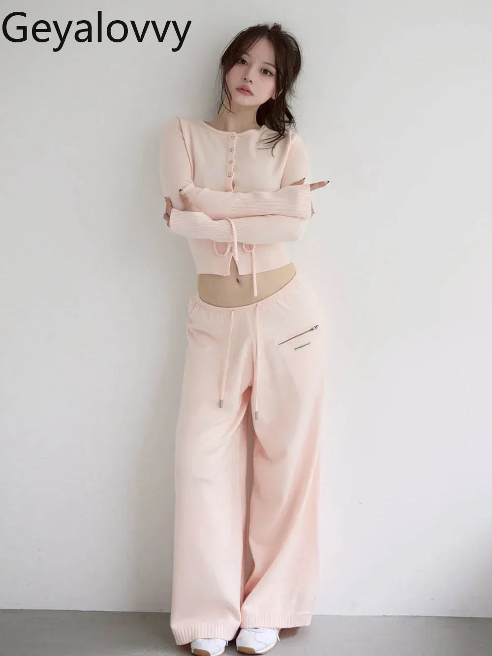 

Japanese Style Autumn New Sweet Girl Round Neck Lace-up Knitted Cardigan and High Waist Wide-leg Long Pants Two-piece Set