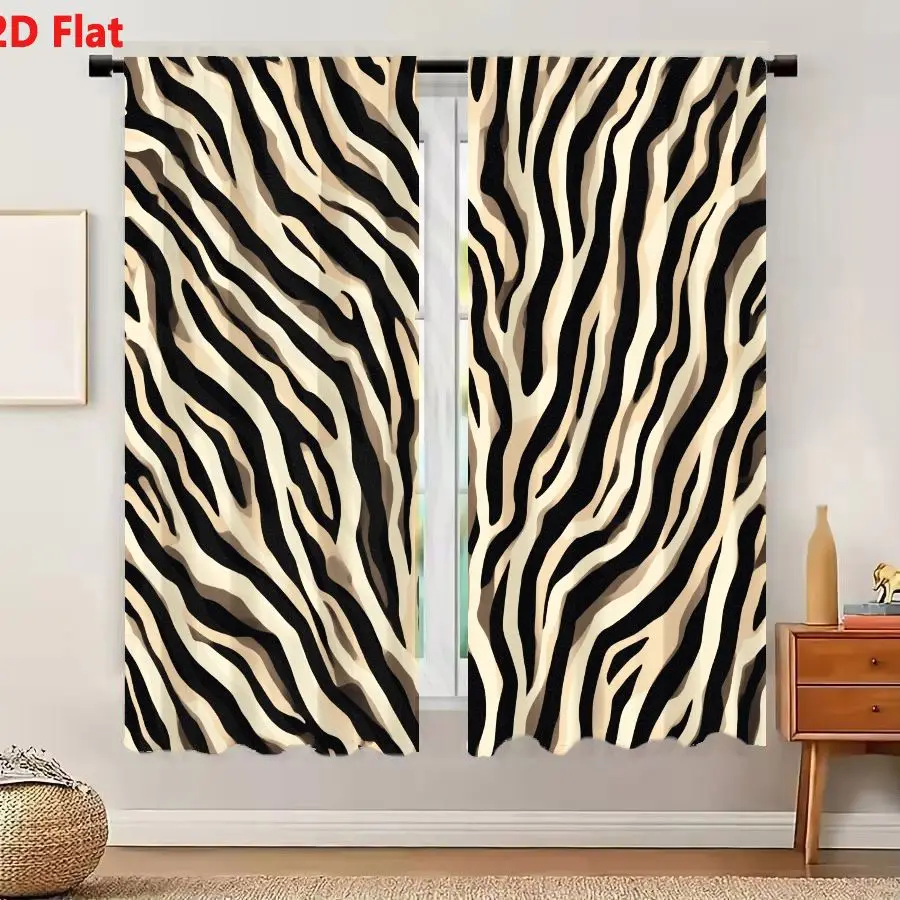 2Pcs Curtains 2D Flat Zebra-like Stripes Seamless Pattern Black And White With Light Beige Tint Abstract Organic Curved Stripes