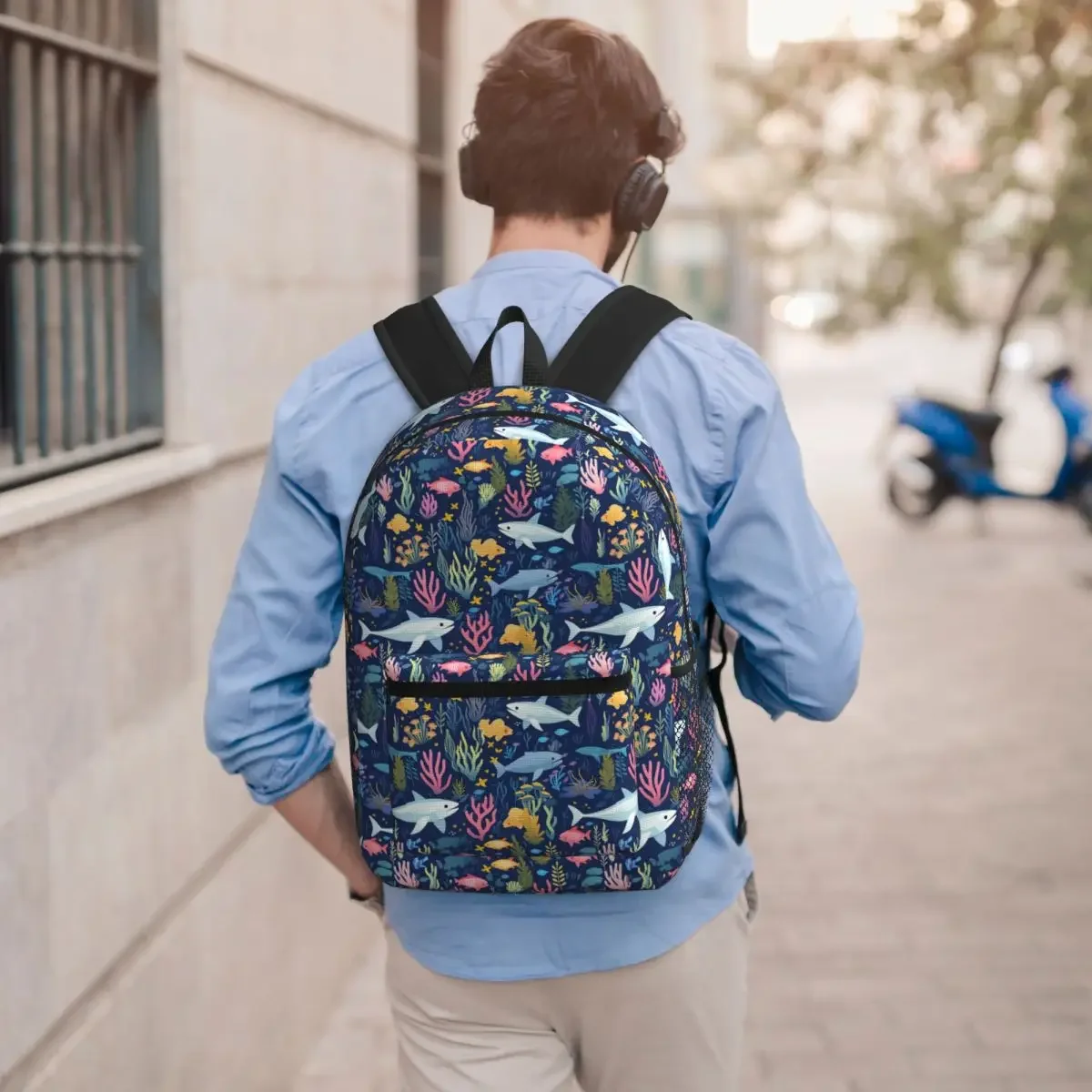 Cartoon Fish Shark And Aquatic Plants Student Backpack School Bag Hiking Travel Daypack for Men Women Bookbag Shoulder Bags